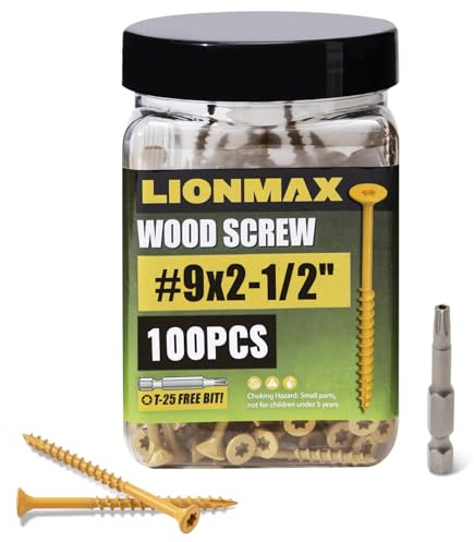 LIONMAX Deck Screws 2-1/2 Inch, Wood Screws #9 x 2-1/2, 100 PCS, Rust Resistant, Exterior Epoxy Coated, Outdoor Decking Screws, Torx/Star Drive Head Deck Screw, T25 Star Bit Included, Tan
