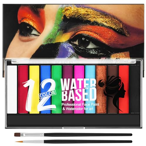 LOPHE Kinderschminke Set, 12 Farben Schminkfarben Schminkpalette, Waschbar Face Paint Body Paint für Kinder und Erwachsene, Schminkset mit 2 Pinsel, Körperfarbe für Halloween Karneval Make-up Fasching