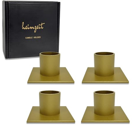 heimzeit Portavelas de Metal para Velas de Columna Ø22 mm y Velas de Mesa [4 Unidades, Cuadrado] Color: Oro, Diseño Distinguido, Candelabro para una Elegante Decoración del Espacio
