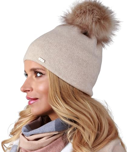 Alur Mütze Damen Beanie Wintermütze Strickmütze mit Bommel - Warme Elastisch Elegant Winter Mütze EKO Bommelmütze - Weiches Garn Stilvoll Universell Warm (Beige)