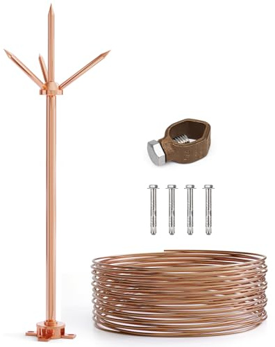 Lightning Rod,Copper Lightning Rod Protection System with 60 Feet 6AWG Down Conductor and Ground Rod Clamp UL Listed for House Roof Bungalow Tin House Farm (1.7FT, Lightning Rod with Down Conductor)