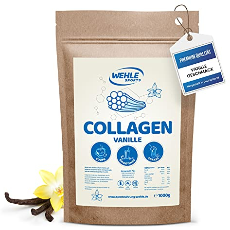 Collagen Pulver Vanille 1 KG – Kollagen Hydrolysat Peptide, Eiweiß-Pulver mit Süßungsmittel und Aroma, Wehle Sports Made in Germany Kollagen Typ 1, 2 & 3 1000g – Verpackung kann variieren