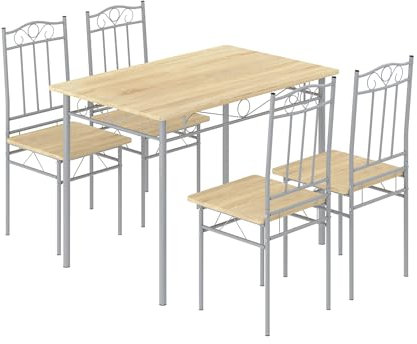 LafeuR Essgruppen, Esszimmertisch mit 4 Stühlen, Küchentisch-Set aus Metallbeine, Tisch und Stühle Bartisch-Set für Esszimmer, Küche, Wohnzimmer, Farbe Buchenholz & Grau