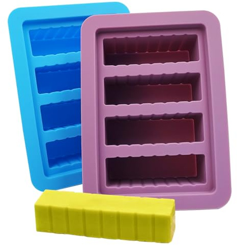 DaKuan 2 Packs Silicone Butter Mold with Lid, Non-Stick Butter Tray, 4 Cavities Rectangle Container for Making Herb Butter Soap Bar Energy Bar Cake Chocolate (Blue, Purple)