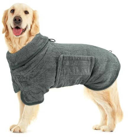 Woiil 100% Baumwolle Hundebademantel, Ultra Saugfähiger Bademantel Hund, Mit Klettverschluss Und Verstellbarem Gummizug, Maschinenwaschbar, Geeignet Für Große, Mittlere Und Kleine Hunde, Grau (L)