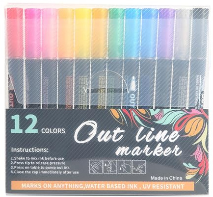 Double Lines Outline Pennor, Double Lines Outline Markers | Ritning 12 färger dubbla linjer Pennor Markör,Bärbar konturmarkör med dubbla linjer för att rita och måla gratulationskort