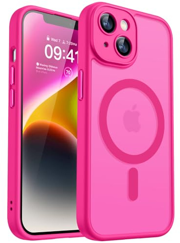 CANSHN Magnetic Compatible with iPhone 14 Case(6.1 Inch), Upgraded [Full Camera Protection] [Compatible with Magsafe] [Translucent Matte] Shockproof Protective Bumper Phone Case Cover - Hot Pink