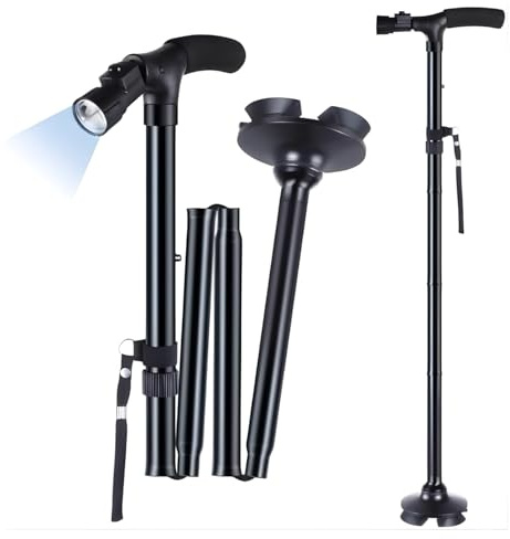 Bastón Plegable con Luz LED y Base Antideslizante – Altura Ajustable, Aluminio Ligero, Bastón de Apoyo para Personas Mayores, Hombres y Mujeres - Ayuda para Caminar Personas Mayores