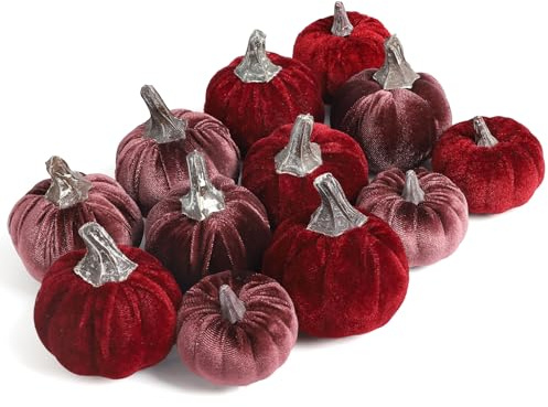 DuHouse Mini Artificial Velvet Pumpkins Set 12Pcs(Burgundy+Purple) | Fall Pumpkins, Halloween, Thanksgiving, Harvest Festival,Table Decor