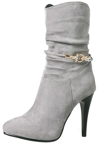 LarDorLin Plateforme Aiguilles Femme Mi-Mollet Bottes Slouch Hiver Bureau Warm Plateforme Talons Hauts Bottines Zip Gris Taille 32 EU
