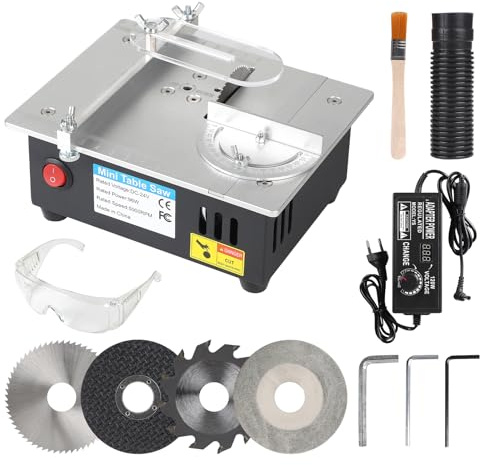 EFUTURETIME 96W Mini Sega Circolare da Banco con 4 Lame Alimentazione Regolabile in Modo Continuo, Sega Circolare per Legno Taglio Spessore da 0-10mm, Multifunzionale per La Modellazione, DIY