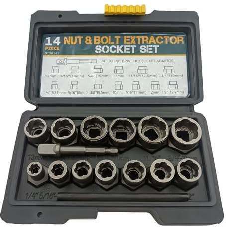 PRITOK Bolt Extractor Set: 15-Piece High Carbon Steel Impact Bolt Nut Remover, Versatile Bolt Nut Remover, Lug Nut Remover, for Damaged or Rounded Bolts and Nuts (Multiple Metric and Imperial Sizes)