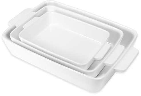 3 Pcs Ceramic Oven Dishes Set, White Rectangular Baking Dishes with Handles, Stackable Casserole Dish Set for Lasagne Roasting Pasta and Dessert (2.2L/ 1.4L/ 1.3L)