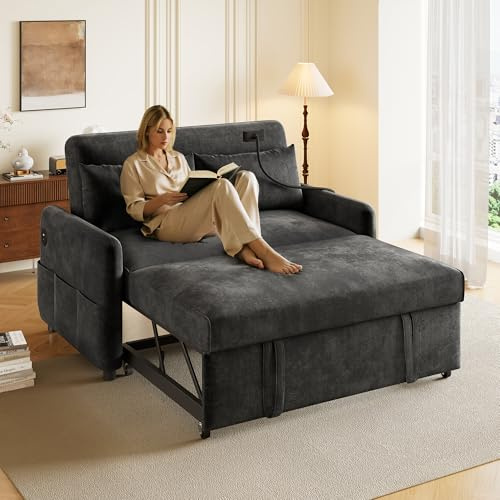 Azkoeesy Sofá cama plegable con función de dormir, sofá de 2 plazas con respaldo ajustable, soporte para móvil, USB, 2 cojines, tela de chenilla, para salón, dormitorio, sala de cine en casa (Gris)