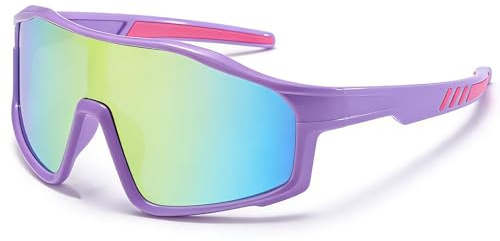 CIKJUK Lunette de Soleil Enfant Sport - Cadre Flexible en Silicone Protection UV Cyclisme vtt Ski Course à pied Cricket Lunettes de soleil Garçon Fille Miroir - Violet/Rouge