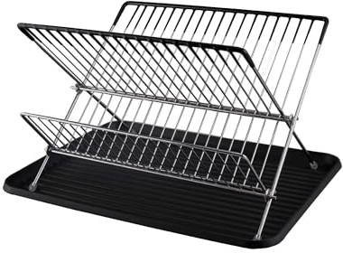 Buckingham Folding 2 Tier Drainer Dish Drying Rack with Board/Tray, Metal, Chrome, 42 x 32 x 25 cm