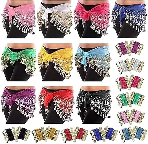 Aulufft 10 PCS Belly Dance Skirt and 20 PCS Belly Dance Wrist Ankle Bracelets Multicolor