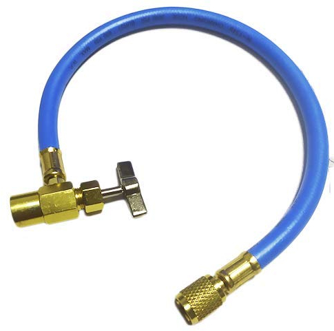 Manguera con llave recarga Gasica gas refrigerante aire acondicionado. Entrada Hembra 1/2 y salida 1/4