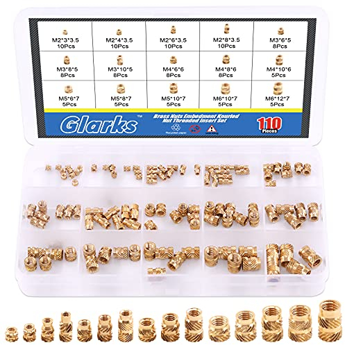 Glarks 110 piezas M2 M3 M4 M5 Rosca Hembra Tuercas Moleteadas Inserción Roscadas de Latón Kit Surtido para Impresora 3D