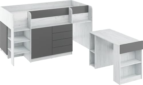 FurnitureByJDM Hochbett mit Schreibtisch, Schubladen & Bücherregal – Platzsparendes Kinderbett 90x200 cm Matratzengröße – Linksseitige Treppe – Smile (Craft Weiß/Graphit)