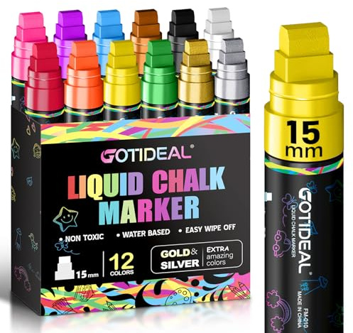 GOTIDEAL 15mm Window Markers, Jumbo Chalk Markers for Blackboard Erasable,Washable Car Marker for Auto,Chalkboard,Glass,Mirrow,Calendar,12 Colors Car Paint Pens With Metallic Colors（3-in-1 Thick Tip）