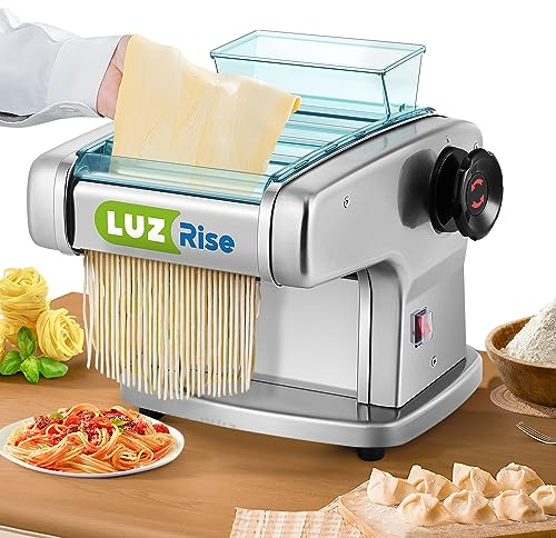 Luzrise Electric Pasta Maker Automatic Noodle Machine Fresh Pasta Dough Roller Stainless Steel(4 Blades for 2mm,2.5mm,4mm&9mm Flat Noodle,9 Thickness Settings 0.5-5mm,Family Use, Output 10LBS/H,135W)