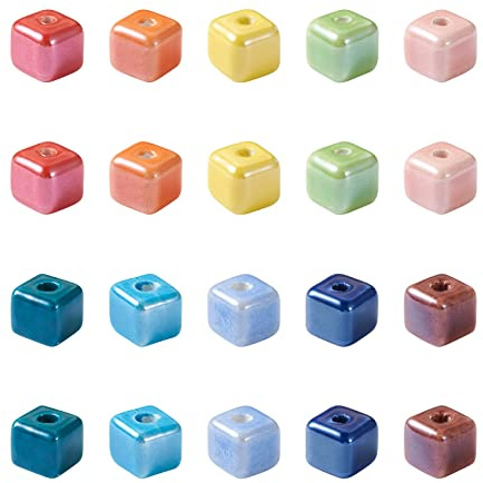 Spritewelry 50 perline in porcellana fatte a mano, in 10 colori, cubo, perline in ceramica smaltata, perline distanziali per bracciali, collane, gioielli fai da te