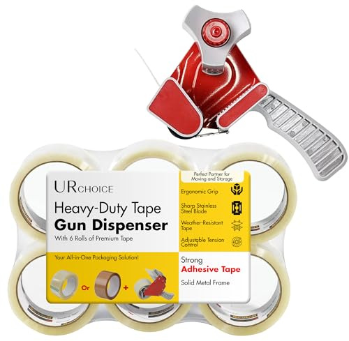 UR CHOICE Heavy Duty Packaging Tape Gun Dispenser - with Pack of 6 Clear Packaging Tape Rolls - 48MM x 66M - Heavy Duty Packing Tape with Dispenser - Tape Gun - for Parcel Boxes or General Purpose