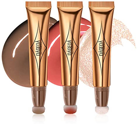 Prreal 3PCS Contour Highlighter Blush Beauty Wand with Soft Cushion Applicator, Smooth Creamy Matte Liquid Concealer Blush Highlighter Stick, Shimmer Long Lasting Body Face Pen for Makeup(01+03+04)