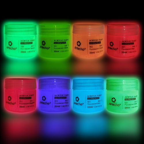 Artecho Pinturas Acrilicas Fluorescente Luminosas 8 × 20 ml, Neon en la Oscuridad, Glow in The Dark, para Lienzos, Textil, Madera, Cristal, Piedras.