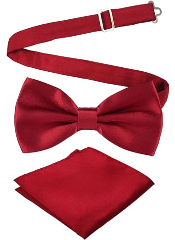 Cretty-Meet Adjustable Bowtie and Pocket Square Set Men Bowtie and Handkerchief Solid Color Double Fold Pre-Tied Bow Tie for Dinners, Weddings, Parties, Business, Proms - Burgundy