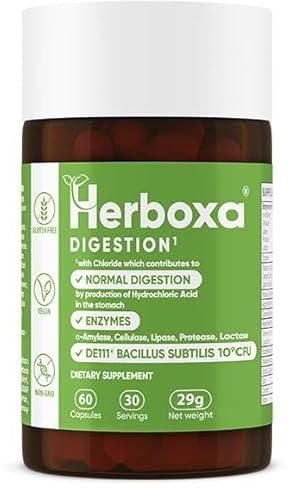 Herboxa DIGESTION 1 mit Chlorid,das zur normalen Verdauung beiträgt,Biotin das einen normalen Makronährstoffwechsel unterstützt,DigeZyme & DE111 Bacillus Subtilis Enzyme- 60 Kapseln