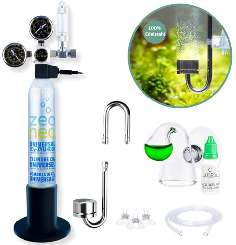 Q-Grow - Set completo per acquario con sistema CO2, semplice e universale, include diffusore in acciaio inox, test continuo, regolatore di pressione, bottiglia di CO2 da 425 g, fino a 500 l
