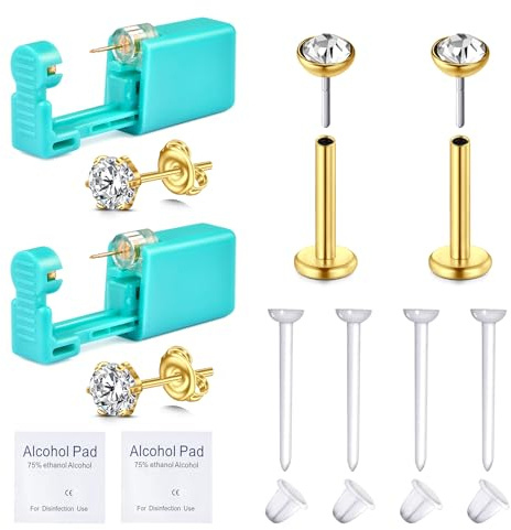 VFUN 12pcs Monouso Piercing Orecchio Kit, Tragus Piercing Pistola Kit Con Borchie, Sicurezza Chirurgica In Acciaio Senza Fili Cartilagine Tragus Helix Gioielli Argento Oro