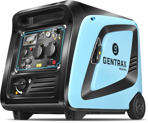 GENTRAX Inverter Stromgenerator 3500W 4200W MAX, Notstromaggregat benzin leise mit 3 Arten von Start-ups, LCD-Dispaly, Griffe und Rollen，Generator mit USB 230V Steckdosen Für Camping Outdoor Wohnmobil