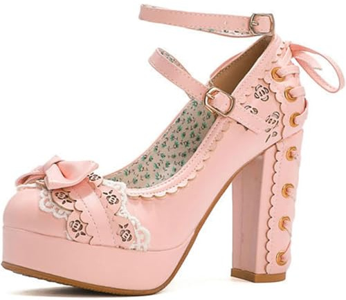 SPONYBORTY Mary Janes-chaussures à plateforme pour femmes talons hauts et épais à la mode avec Double bride à la cheville escarpins Lolita confortables avec nœud fétiche/M/37EU