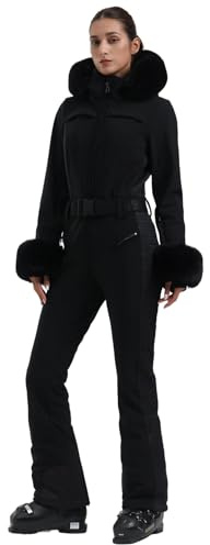 GSOU SNOW Ski Suit Womens One Piece Snowsuit Snowboard Jacket Slim Snow Jumpsuit Faux Fur Ski Outfit Waterproof Windproof Insulated,Black M