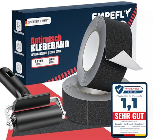Antirutsch Klebeband 2 Rollen – Schwarz, 5 cm × 10 m - rutschfestes Grip-Band für Treppen & Stufen, innen & außen, wetterfest gegen Nässe, Frost & Herbstlaub