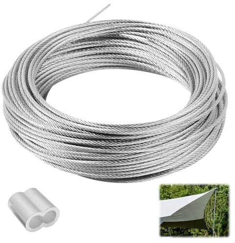 50 m Cuerda de Acero Inoxidable Flexible, Cable Acero 1mm con 20 de Manga de Engarce de Aluminio, Cable de Colgar Resistencia a la Rotura, Cable de Acero Plastificado para Espejos, Marcos, Colgar
