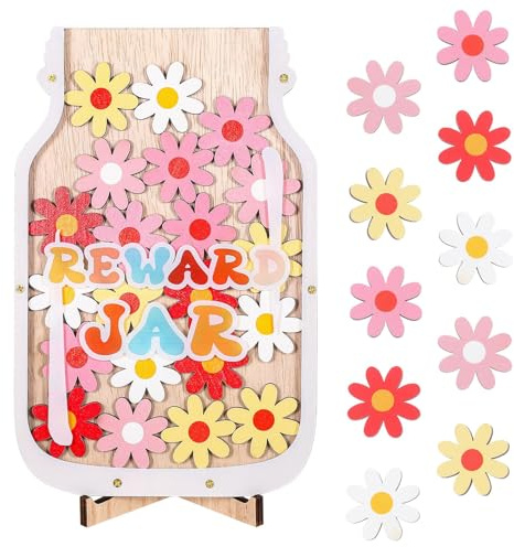 Reward Jar with Tokens for Children - Daisy Flower Reward Behavior Jar for Kids Wooden Reward Chart for Toddlers' Toilet Potty Training Reward Charts for Children Motivate Good Behavior