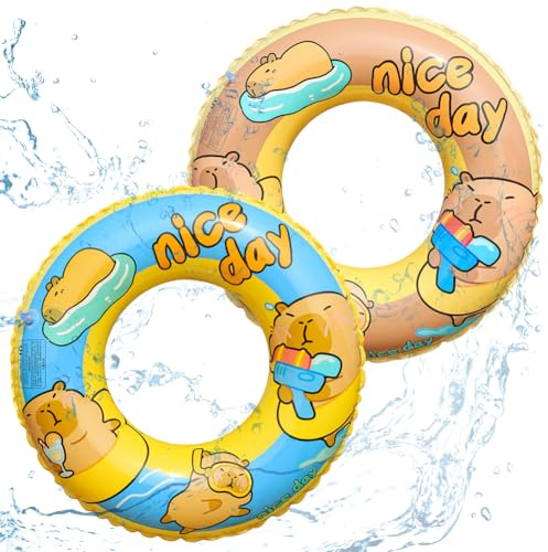 2 PCS Capybara Inflatable Swimming Rings Cute Cartoon Capybara Swim Rings for Kids Pool Floats Summer Beach Water Toy Swim Aid for Boys Girls Ages 3+ Fun Pool Party Accessories Outdoor Bathing Toy