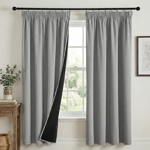 PONY DANCE 100% Blackout Thermal Insulated Curtains, 52x72, Silver Grey | Pencil Pleat Rod Pocket Curtains for Bedroom and Living Room, 2 Panels, Noise Reduction, Light Blocking & Privacy Drapes