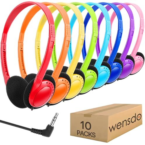 Wensdo Kids Headphones Bulk 10 Pack for School Classroom Students K-12, Children Wired Adjustable On Ear Earphones Class Set for Library Airplane Computer 3.5mm Jack (HY103,10 Mixed)