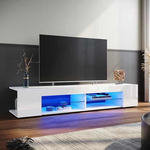 ELEGANT TV Stand Cabinet Unit with 16 RGB LED Lights, High Gloss Modern White TV Stand with Open Glass Storage Shelves and 2 Rear Storage Compartments for Living Room, Bedroom 1600x390x300mm