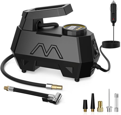 Compressore d'Aria Portatile per gonfiaggio Pneumatici, Pompa per Pneumatici Auto, Pompa Automatica a 12 V CC con manometro Digitale, Luce di Emergenza a LED per Auto e Moto