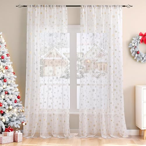 Wokuaile Tende Natalizie per Interni 2 Pezzi 140x175cm, Bianco Tende Trasparente per Casa Soggiorno Finestra Decorazione