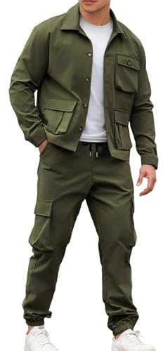 Generisch Conjunto de chándal para hombre de dos piezas, chándal, chaqueta con botones y pantalones cargo, informales, para otoño e invierno, traje de ocio, chaqueta de camisa, pantalones largos