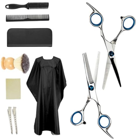 TEHAUX 10 Stück Friseur Edelstahl Schere Zahnschneideschere mit Kamm und Schürze für Salon und Heimgebrauch