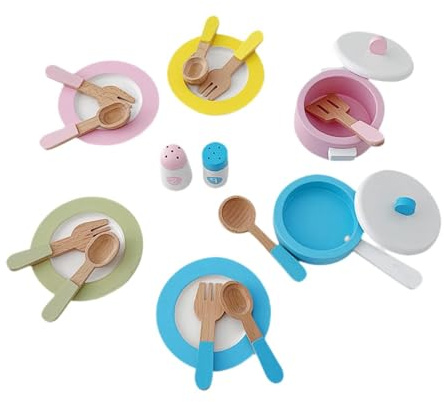 Menolana Wooden Toy Plates and Dishes Kitchen Set Gift Learning Pretend Play Wooden Play Kitchen Accessories Playset for Children Kids