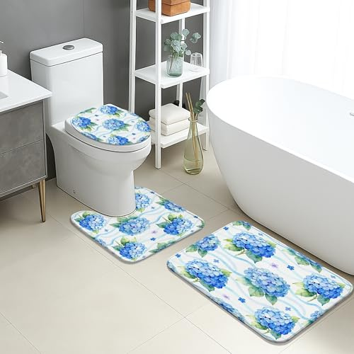 3 Piezas Juego De Alfombra De Baño Hortensias, Flower Azules Elegantes 3 Alfombrillas De Baño Absorbentes Antideslizantes Alfombras De Cama, para Dormitorio, Cocina, Bathroom
